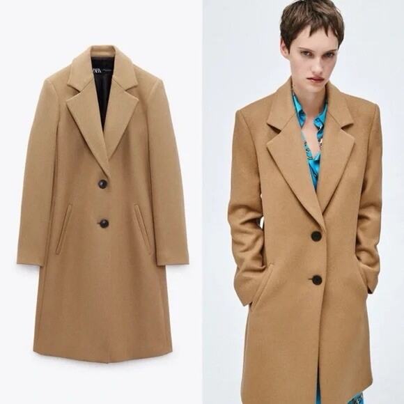 Zara Camel Wool Blend Coat Large Long Sleeve Button Front Pockets